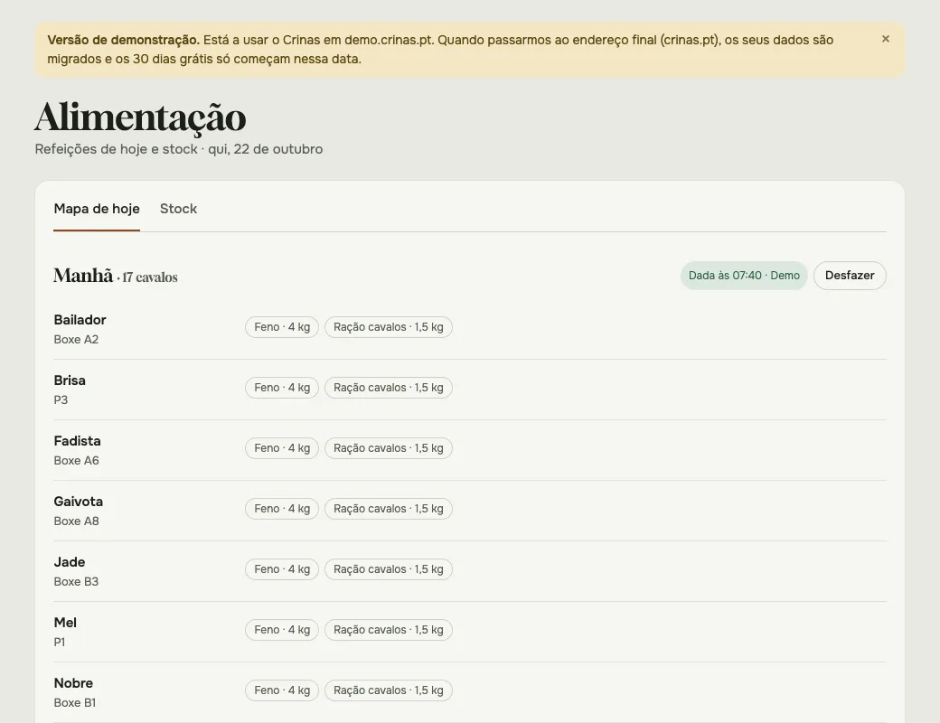 O separador Mapa de hoje do ecrã Alimentação, com a refeição da manhã dada e o que cada cavalo come