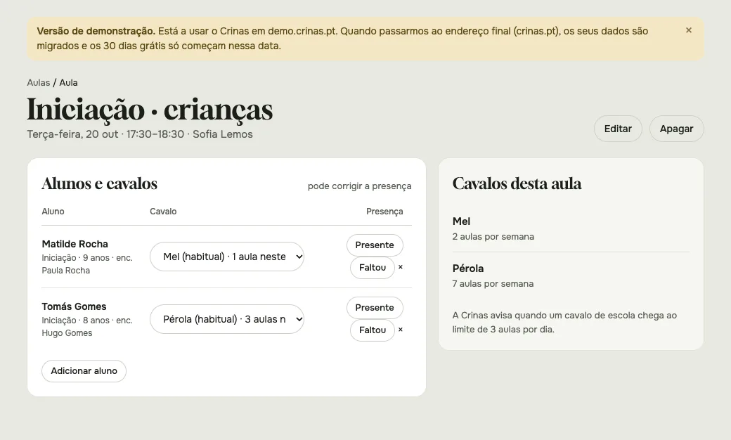 A página de uma aula, com os alunos, os cavalos e os botões de presença