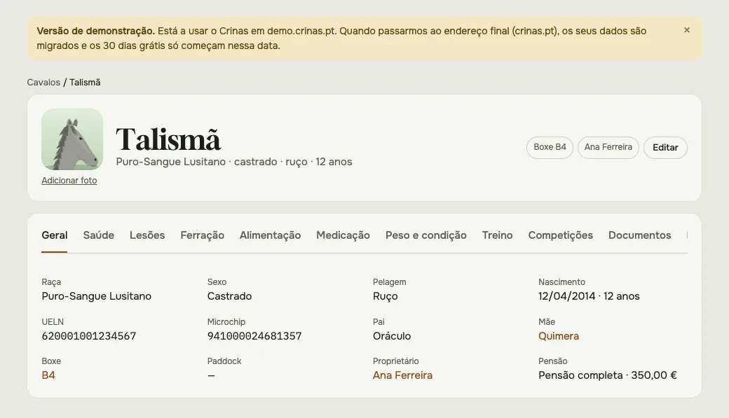 A ficha do cavalo Talismã, com os separadores e os dados gerais
