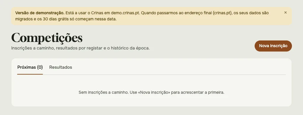 O ecrã Competições, com as inscrições e os resultados da época