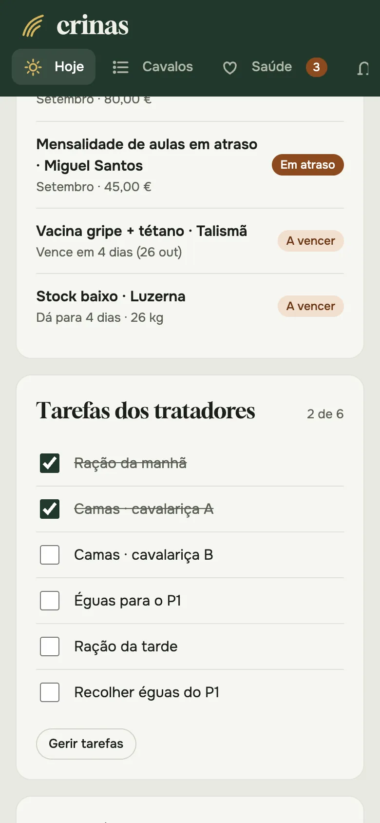 O ecrã Hoje num telemóvel, com a lista de tarefas dos tratadores