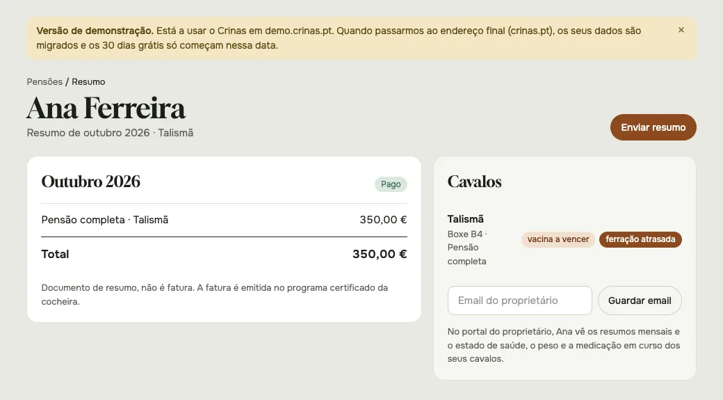 A página de um proprietário, com o resumo do mês, os cavalos, os extras e o email